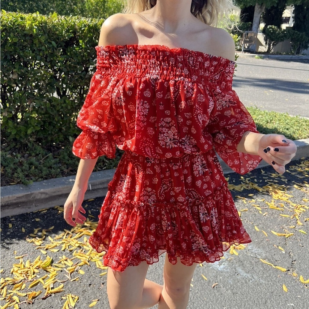 MISA Los Angeles Darla Off the Shoulder Dress Red Paisley